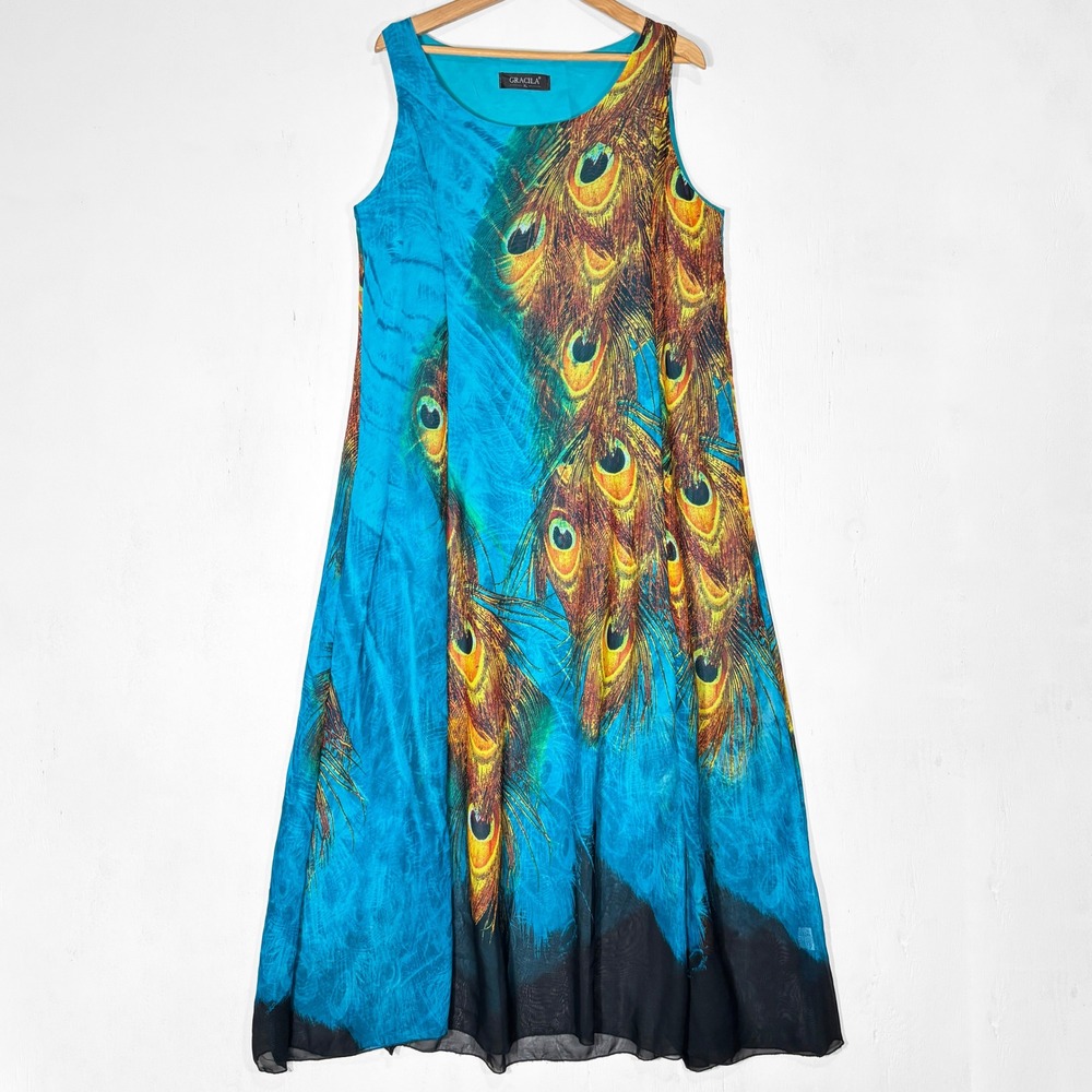 Gracila Peacock Feather Print Chiffon Maxi Dress Womens XL Turquoise Blue